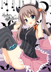 Rule 34 | 1girl, :d, absurdres, armpit peek, bat (animal), bat wings, black hairband, black shirt, black thighhighs, blue eyes, blush, bow, breasts, brown hair, covered erect nipples, detached sleeves, fake horns, fingernails, frilled shirt, frilled sleeves, frills, ghost, hair between eyes, hair ornament, hairband, halloween, hands up, happy halloween, head tilt, heart, hexagon, highres, horns, long hair, long sleeves, looking at viewer, medium breasts, navel, open mouth, orange bow, panties, pink panties, pink skirt, sanoba witch, shiiba tsumugi, shirt, sitting, skirt, sleeveless, sleeveless shirt, smile, solo, sparkle, star (symbol), star hair ornament, striped clothes, striped thighhighs, thighhighs, twintails, underwear, vertical-striped clothes, vertical-striped thighhighs, wide sleeves, wings, xiaosamiao