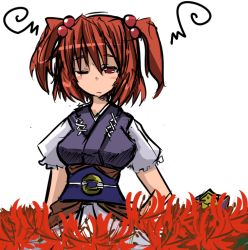 Rule 34 | 1girl, blush, breasts, expressionless, female focus, flower, hair bobbles, hair ornament, hat, large breasts, looking at viewer, onozuka komachi, puffy short sleeves, puffy sleeves, raito (itoraito), red eyes, red hair, short sleeves, sleepy, solo, touhou, twintails, two side up, underbust, upper body