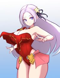Rule 34 | 1girl, breasts, cape, cleavage, closed mouth, edelgard von hresvelg, fire emblem, fire emblem: three houses, fire emblem heroes, hair ornament, hair ribbon, highres, jaxdrawz, large breasts, long hair, looking at viewer, nintendo, official alternate costume, one-piece swimsuit, purple eyes, purple hair, red one-piece swimsuit, ribbon, simple background, solo, swimsuit