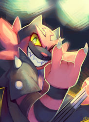 Rule 34 | claws, commentary, creature, creatures (company), english commentary, furry, game freak, gen 7 pokemon, grin, highres, incineroar, looking at viewer, \\n/, nintendo, pokemon, pokemon (creature), salanchu, signature, smile, solo, spikes, upper body