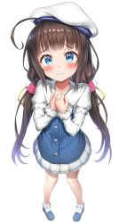 Rule 34 | 10s, 1girl, absurdres, ahoge, beret, blue dress, blue eyes, blue footwear, blush, bobby socks, brown hair, closed mouth, commentary request, dress, full body, hair ribbon, hat, head tilt, highres, hinatsuru ai, layered sleeves, long hair, long sleeves, looking at viewer, low twintails, nedia (nedia region), own hands together, puffy short sleeves, puffy sleeves, ribbon, ryuuou no oshigoto!, school uniform, shoes, short over long sleeves, short sleeves, simple background, socks, solo, standing, tears, twintails, very long hair, wavy mouth, white background, white hat, white socks, yellow ribbon