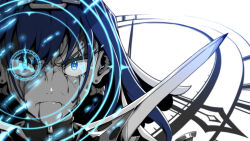 Rule 34 | 1girl, anger vein, angry, blood, blood on face, blue eyes, blue hair, clock, clock hands, dongle e, frown, glaring, glowing, glowing eyes, hair between eyes, highres, holding, holding sword, holding weapon, hololive, hololive english, ouro kronii, simple background, solo, solo focus, sword, tagme, virtual youtuber, weapon, white background