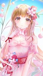 Rule 34 | 1girl, blush, breasts, brown hair, cleavage, detached sleeves, dress, eppin, gloves, highres, idolmaster, idolmaster cinderella girls, idolmaster cinderella girls starlight stage, long hair, looking at viewer, pink dress, pink gloves, small breasts, solo, very long hair, yorita yoshino