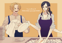 Rule 34 | 1boy, 1girl, apron, blonde hair, blue eyes, breasts, cleavage, closed mouth, commentary request, dishwashing, extra arms, hana hana no mi, highres, holding, holding plate, indoors, large breasts, long hair, looking at another, nico robin, nsgw, one piece, plate, purple apron, sabo (one piece), scar, scar on face, shirt, short hair, sink, smile, sponge, standing, white shirt