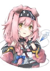Rule 34 | 1girl, absurdres, animal ears, arknights, black bracelet, black hairband, black jacket, blue bow, blush, bow, braid, cat ears, cat girl, floppy ears, goldenglow (arknights), hair bow, hair ornament, hairband, hairclip, hands on own face, highres, id card, infection monitor (arknights), jacket, lanyard, lightning bolt print, long hair, looking at viewer, multicolored clothes, multicolored jacket, open clothes, open jacket, open mouth, pink hair, pink jacket, print hairband, semi colon, shirt, simple background, solo, two-tone jacket, upper body, white background, white shirt, yellow eyes