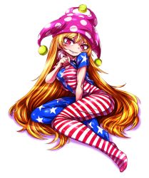 Rule 34 | 1girl, american flag, american flag print, american flag shirt, bare arms, between legs, blonde hair, bodysuit, bodysuit under clothes, breasts, clothes lift, clownpiece, commentary request, full body, hand between legs, hat, head tilt, jester cap, lifted by self, long hair, looking at viewer, medium breasts, neck ruff, pantyhose, pink eyes, pink hat, polka dot, print shirt, shimizu pem, shirt lift, short sleeves, simple background, sitting, skin tight, smile, solo, star (symbol), star print, striped clothes, striped pantyhose, touhou, very long hair, white background