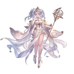 Rule 34 | 1girl, blue hair, brown eyes, closed mouth, elbow gloves, gloves, granblue fantasy, hair ornament, hand on own chest, high heels, holding, holding staff, long hair, looking at viewer, official art, solo, sophia (granblue fantasy), staff, standing, swept bangs, twintails, white gloves