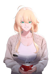 Rule 34 | 1girl, absurdres, ahoge, artoria pendragon (fate), artoria pendragon (lancer) (fate), breasts, casual, cup, fate/grand order, fate (series), green eyes, grey sweater, hair between eyes, hair down, highres, holding, holding cup, large breasts, long sleeves, looking at viewer, mug, n.e (sakura-233), shirt, sidelocks, simple background, smile, solo, sweater, swept bangs, upper body, white background, white shirt