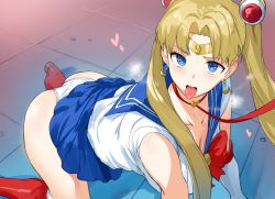 Rule 34 | 1girl, all fours, ass, bare shoulders, bishoujo senshi sailor moon, blonde hair, blue eyes, blue sailor collar, breasts, choker, cleavage, commentary request, crescent, crescent earrings, derivative work, diadem, earrings, elbow gloves, female focus, from above, gloves, hair over shoulder, heart, heart choker, hews, jewelry, leash, looking at viewer, magical girl, meme, open mouth, panties, parted bangs, red choker, red footwear, sailor collar, sailor moon, sailor moon redraw challenge (meme), sailor senshi uniform, school uniform, screenshot redraw, serafuku, solo, thighs, tile floor, tiles, tongue, tongue out, tsukino usagi, twintails, underwear, viewer holding leash, white panties