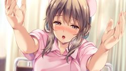 Rule 34 | 1girl, :o, absurdres, akagi mio, blonde hair, blush, boku to nurse no kenshuu nisshi, breasts, breath, brown eyes, curtains, embarrassed, facing viewer, female focus, game cg, hands up, hat, highres, indoors, large breasts, looking at viewer, monety, nose blush, nurse, nurse cap, open mouth, original, outstretched arms, pov, sidelocks, solo, uniform, upper body