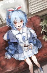 Rule 34 | 1girl, absurdres, bare legs, belt, blue footwear, blue hair, blue jacket, blue neckerchief, blush, carrot hair ornament, coffee, coffee mug, couch, cup, food-themed hair ornament, foot out of frame, from above, hair ornament, hair ribbon, highres, holding, holding cup, hololive, indoors, jacket, long sleeves, looking at viewer, mug, multicolored hair, neckerchief, on couch, open clothes, open jacket, open mouth, plant, red eyes, ribbon, rsef, school uniform, shirt, shoes, short hair, skirt, solo, streaked hair, thick eyebrows, usada pekora, usada pekora (casual), virtual youtuber, white belt, white hair, white shirt, white skirt, window, window blinds