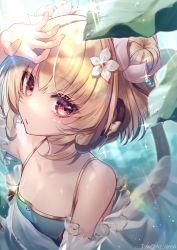 Rule 34 | 1girl, andira (granblue fantasy), animal ears, arm up, bare shoulders, blonde hair, blue one-piece swimsuit, casual one-piece swimsuit, commentary request, double bun, flower, glint, granblue fantasy, hair between eyes, hair bun, hair flower, hair ornament, highres, kogome (azalea4), looking at viewer, monkey ears, monkey girl, monkey tail, one-piece swimsuit, red eyes, see-through, solo, swimsuit, tail, twitter username, upper body, water drop, white flower
