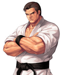 Rule 34 | 1boy, belt, biceps, black belt, black hair, brown eyes, closed mouth, collarbone, commentary request, cowboy shot, crossed arms, dougi, evilgun, highres, lips, looking at viewer, male focus, martial arts belt, muscular, muscular male, pectoral cleavage, pectorals, ryuuko no ken, serious, short hair, simple background, sleeves rolled up, solo, standing, takuma sakazaki, the king of fighters, the king of fighters &#039;95, thick eyebrows, veins, white background, wristband
