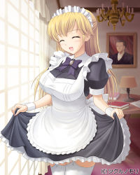 Rule 34 | 1girl, apron, blonde hair, book, breasts, chandelier, clothes lift, closed eyes, female focus, garter straps, kishi nisen, large breasts, long hair, maid, maid headdress, official art, open mouth, portrait (object), skirt, skirt lift, smile, solo, thighhighs, white thighhighs, window, wrist cuffs