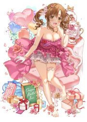 Rule 34 | 1girl, balloon, bare shoulders, barefoot, black tea, blush, box, breasts, brown hair, cleavage, collarbone, cup, dress, falling petals, flower, frilled dress, frills, gift, gift box, glass slipper, gloves, heart balloon, highres, idolmaster, idolmaster cinderella girls, idolmaster cinderella girls starlight stage, knees together feet apart, large breasts, looking at viewer, petals, pink dress, pink flower, pink rose, rose, sirurabbit, smile, solo, strapless, strapless dress, tea, teacup, teapot, thigh strap, tiered tray, toes, totoki airi, wavy hair, white gloves