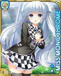 Rule 34 | 1girl, :o, belt, black jacket, blue eyes, blunt bangs, card, character name, checker pattern, day, girlfriend (kari), indoors, jacket, miss monochrome, miss monochrome (character), official art, open mouth, qp:flapper, shirt, skirt, solo, standing, tagme, thighhighs, twintails, white footwear, white hair, white shirt