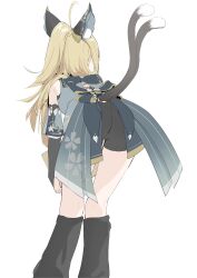 Rule 34 | 1girl, absurdres, ahoge, animal ears, ass, bent over, black gloves, black shorts, black socks, blonde hair, bridal gauntlets, cat ears, cat tail, coattails, commentary, cross-laced clothes, detached sleeves, doneen69, ear covers, feet out of frame, from behind, genshin impact, gloves, hair ornament, hairclip, highres, kirara (genshin impact), kneehighs, kneepits, long hair, loose socks, multiple tails, nekomata, paid reward available, ponytail, sailor collar, sakuramon, short shorts, shorts, simple background, socks, solo, standing, tail, two tails, white background