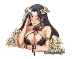 Rule 34 | 1girl, breasts, cleavage, cropped torso, flower, food, green eyes, green hair, highres, ice cream, large breasts, ling han (tower of fantasy), looking at viewer, mouth hold, tower of fantasy, twitter username, upper body