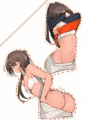 Rule 34 | 1girl, ass, bra, breasts, brown eyes, brown hair, clothes lift, cropped torso, hair between eyes, lanzi (415460661), long hair, midriff, multiple views, navel, original, outline, ponytail, pulled by self, red outline, shirt lift, small breasts, underwear, undressing, white bra
