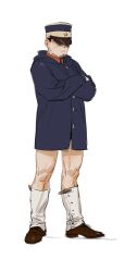 Rule 34 | 1boy, black hair, blue coat, boots, chengongzi123, closed mouth, coat, commentary, crossed arms, facial hair, facing viewer, full body, goatee stubble, golden kamuy, hat, highres, male focus, military hat, military uniform, no pants, shaded face, short hair, simple background, standing, stubble, symbol-only commentary, tsukishima hajime, uniform, very short hair, white background