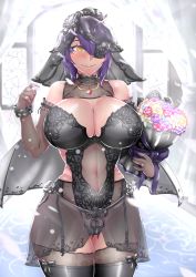 Rule 34 | 1girl, absurdres, alternate costume, backlighting, bare hips, black choker, black flower, black gloves, black panties, black rose, black theme, black thighhighs, black wedding dress, blush, bouquet, breasts, bridal veil, bride, chanary, choker, cleavage, clothing cutout, dress, elbow gloves, eyepatch, flower, garter straps, gloves, hands up, highres, holding, holding bouquet, huge breasts, jewelry, kantai collection, lace, lace-trimmed legwear, lace trim, lingerie, narrow waist, necklace, one eye covered, panties, purple hair, ring, rose, see-through, side cutout, single eye, solo, tenryuu (kancolle), thick thighs, thighhighs, thighs, underwear, veil, wedding dress, wide hips, wrist cuffs, yellow eyes