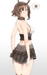 Rule 34 | 10s, 1girl, backless outfit, bare shoulders, blush, breasts, brown hair, covered erect nipples, from behind, gloves, gradient background, headgear, kantai collection, looking back, midriff, mutsu (kancolle), ogros, pleated skirt, short hair, sideboob, skirt, solo, standing, white gloves, yellow eyes