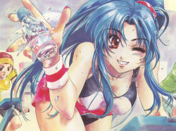 Rule 34 | 00s, 1girl, absurdres, blue hair, bottle, breasts, brown eyes, chidori kaname, cleavage, evian, exercising, full metal panic!, highres, large breasts, long hair, one eye closed, product placement, scan, shikidouji, smile, solo, sweat, wallpaper, water bottle, wink