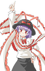Rule 34 | 1girl, arnest, black hat, black skirt, bow, closed mouth, hagoromo, hand on own hip, hat, hat ribbon, long sleeves, looking at viewer, medium hair, nagae iku, pointing, pointing up, purple hair, red bow, red eyes, red ribbon, ribbon, shawl, shirt, simple background, skirt, smile, solo, touhou, upper body, white background, white shirt