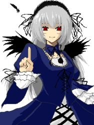Rule 34 | 00s, hane (hanegoya), lowres, pointing, red eyes, rozen maiden, silver hair, simple background, solo, suigintou, white background, wings
