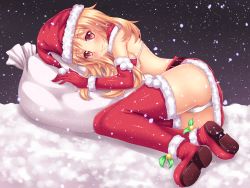 Rule 34 | 1girl, artist self-insert, ass, bag, belt, bikini, bikini top only, blonde hair, blush, boots, breasts, christmas, closed mouth, fictional persona, full body, hat, highres, long hair, looking at viewer, lying, medium breasts, midriff, miniskirt, nottytiffy, on side, original, outdoors, panties, pantyshot, pencil skirt, pom pom (clothes), red eyes, red footwear, red hat, red shorts, red skirt, red thighhighs, santa costume, shorts, sideboob, skirt, smile, snow, snowing, solo, swimsuit, thighhighs, tiffy (nottytiffy), underwear, white panties