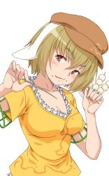 Rule 34 | 1girl, animal ears, blonde hair, breasts, brown eyes, cabbie hat, cleavage, commentary request, dango, floppy ears, food, hat, highres, holding, holding food, kakone, large breasts, long hair, looking at viewer, orange shirt, rabbit ears, rabbit girl, ringo (touhou), shirt, short sleeves, simple background, solo, touhou, upper body, wagashi, white background