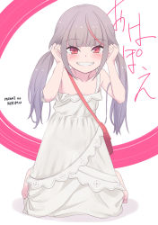 Rule 34 | 1girl, bag, bare shoulders, barefoot, blush, character name, commentary request, dress, full body, grey hair, grin, hands up, highres, kneeling, long hair, looking at viewer, makaino ririmu, makaino ririmu (3rd costume), multicolored hair, nijisanji, open mouth, panties, pointy ears, red eyes, red hair, sabamen, see-through, see-through silhouette, shoulder bag, smile, solo, strap slip, streaked hair, sundress, teeth, twintails, two-tone background, two-tone hair, underwear, virtual youtuber, white dress