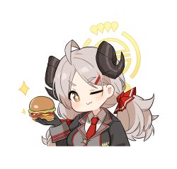 Rule 34 | + +, 1girl, :3, absurdres, ahoge, blazer, blue archive, blush, burger, chibi, food, gloves, grey hair, hair ornament, hairclip, halo, highres, holding, holding food, horns, izumi (blue archive), jacket, long hair, long sleeves, looking at viewer, low twintails, one eye closed, patanda, smile, solo, sparkle, thick eyebrows, twintails