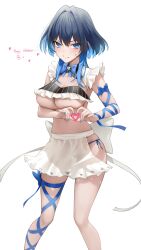 1girl absurdres alternate_costume anger_vein apron bikini black_bikini blue_bikini blue_bow blue_eyes blue_hair blue_ribbon bow breasts closed_mouth colored_inner_hair crop_top frilled_bikini_top happy_valentine heart heart_hands highres hololive hololive_english looking_at_viewer maid maid_bikini multicolored_hair ouro_kronii ribbon simple_background solo somebody_(leiking00) swimsuit unconventional_maid underboob virtual_youtuber waist_apron white_apron white_background