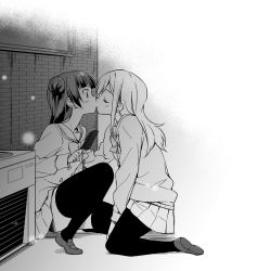 Rule 34 | 10s, 2c=galore, 2girls, air conditioner, bad id, bad twitter id, bow, bowtie, closed eyes, commentary request, food, greyscale, hair bun, hand on another&#039;s arm, kiss, kunikida hanamaru, loafers, long hair, long sleeves, looking at another, love live!, love live! sunshine!!, miniskirt, monochrome, multiple girls, on one knee, pantyhose, pleated skirt, popsicle, school uniform, serafuku, shoes, side bun, single side bun, skirt, thighhighs, tsushima yoshiko, yuri