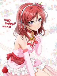 Rule 34 | 1girl, blush, bokutachi wa hitotsu no hikari, breasts, choker, cleavage, closed mouth, collarbone, commentary request, dated, dress, earrings, elbow gloves, finger to mouth, frilled dress, frills, gloves, hairband, happy birthday, jewelry, looking at viewer, love live!, love live! school idol project, medium breasts, medium hair, musical note, nishikino maki, purple eyes, red choker, red hair, shogo (4274732), shushing, sidelocks, solo, strapless, strapless dress, upper body, white dress, white gloves, white hairband