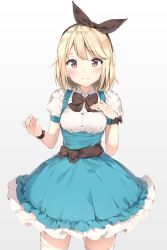 Rule 34 | 1girl, alice (alice in wonderland), alice in wonderland, aqua skirt, arms at sides, black ribbon, blonde hair, blouse, blush, breasts, brown eyes, closed mouth, cowboy shot, frilled skirt, frills, gradient background, hair ribbon, hand on own chest, highres, kuran (yourcatissick), looking at viewer, medium breasts, original, puffy short sleeves, puffy sleeves, ribbon, shirt, short hair, short sleeves, simple background, skirt, smile, solo, suspender skirt, suspenders, swept bangs, thighhighs, white shirt, white thighhighs, wrist ribbon, zettai ryouiki