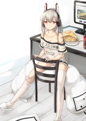 Rule 34 | 1girl, ayanami (azur lane), ayanami (niconico) (azur lane), azur lane, bad id, bad pixiv id, bag of chips, bandaid, bandaid on face, bandaid on shoulder, bare shoulders, blush, breasts, chair, cleavage, closed mouth, clothes writing, cola, collarbone, computer, dakimakura (object), food, gohei (aoi yuugure), headgear, headphones, highres, long hair, looking at viewer, niconico, no pants, off-shoulder shirt, off shoulder, panties, pantyshot, pillow, ponytail, red eyes, shirt, sidelocks, sitting, sitting backwards, slippers, small breasts, solo, table, tareme, terebi-chan, thighhighs, underwear, white footwear, white shirt, white thighhighs, wooden floor
