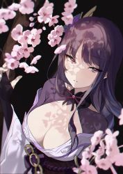 Rule 34 | 1girl, black background, black gloves, breasts, buri (retty9349), cleavage, fingerless gloves, flower, genshin impact, gloves, hair ornament, half-closed eyes, highres, hime cut, japanese clothes, kimono, large breasts, long hair, looking at viewer, mole, mole under eye, parted lips, purple eyes, purple hair, raiden shogun, simple background, solo, upper body, wide sleeves