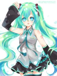 Rule 34 | 1girl, arielucia, blue eyes, breasts, detached sleeves, female focus, green hair, hatsune miku, image sample, long hair, open mouth, skirt, solo, thighhighs, twintails, vocaloid, white background