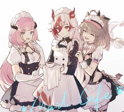 Rule 34 | 3girls, alternate costume, animal ears, apron, black sleeves, blue eyes, breasts, cat ears, cat girl, chinese clothes, closed eyes, commentary request, cup, elysia (honkai impact), elysia (miss pink elf) (honkai impact), english text, fu hua, fu hua (garuda), gloves, hair between eyes, hand on another&#039;s shoulder, highres, holding, honkai (series), honkai impact 3rd, light brown hair, long hair, looking at another, maid, maid apron, maid headdress, medium hair, mug, multiple girls, official alternate costume, open mouth, pardofelis (honkai impact), pink hair, qqqne, red eyes, red hair, simple background, small breasts, upper body, white background, white gloves, white hair, white sleeves