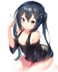 Rule 34 | 1girl, arms between legs, bad id, bad pixiv id, barefoot, black hair, blush, breasts, brown eyes, covered erect nipples, hair between eyes, hair ornament, hairclip, highres, long hair, looking at viewer, loose clothes, loose shirt, original, rekareka, revision, shirt, simple background, small breasts, solo, twintails, very long hair, white background