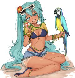 1girl absurdres aqua_eyes aqua_hair belly_chain bikini bikini_under_clothes bird blue-and-yellow_macaw bracelet brazilian_flag brazilian_flag_print brazilian_miku can eyewear_on_head flip-flops flower hair_flower hair_ornament hatsune_miku highres holding holding_can jewelry long_hair looking_at_viewer macaw meemz_a multiple_bracelets navel parrot sandals shirt short_shorts short_sleeves shorts shorts_tan simple_background solo sunglasses swimsuit tan tanline twintails very_long_hair vocaloid white-framed_eyewear white_background yellow_shirt