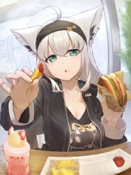 Rule 34 | 1girl, ahoge, animal ear fluff, animal ears, aqua eyes, black hairband, black jacket, black shirt, breasts, burger, chair, cleavage, commentary, cup, earrings, english commentary, food, food on face, food request, fox ears, fox girl, french fries, hair between eyes, hairband, highres, holding, holding food, hololive, indoors, jacket, jewelry, ketchup, lerk puzz, looking at viewer, medium breasts, mixed-language commentary, nejima kitsune (shirakami fubuki), on chair, parted lips, shirakami fubuki, shirakami fubuki (loungewear), shirt, sidelocks, single earring, sitting, solo, table, tray, triangle mouth, unzipped, virtual youtuber, white hair, wooden chair, wooden table