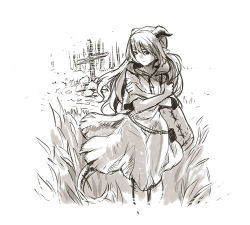 Rule 34 | 1girl, cross, dragon girl, dragon tail, dress, grass, grave, horns, looking back, lowres, monochrome, original, pointy ears, solo, tail, torn clothes, wind, wooni