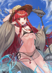 Rule 34 | 1girl, arknights, armpits, bare shoulders, bikini, black bikini, blurry, braid, breasts, cloud, day, depth of field, fish, hand on headwear, hat, highres, holding, horns, long hair, looking at viewer, medium breasts, navel, off shoulder, official alternate costume, ohihil, open mouth, outdoors, pointy ears, polearm, red eyes, red hair, see-through, sky, smile, solo, stomach, straw hat, string bikini, swimsuit, thighs, trident, twin braids, very long hair, vigna (arknights), vigna (casual vacation) (arknights), water, weapon