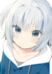 Rule 34 | 1girl, blue eyes, blue hair, blunt bangs, collarbone, commentary, dot mouth, drawstring, eyes visible through hair, gawr gura, heart, heart-shaped pupils, highres, hololive, hololive english, hood, hood down, hoodie, long hair, looking at viewer, multicolored hair, one side up, simple background, sky-freedom, solo, streaked hair, symbol-only commentary, symbol-shaped pupils, two-tone hair, upper body, virtual youtuber, white background, white hair