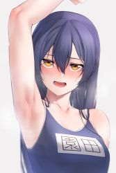 Rule 34 | 1girl, arm up, armpits, black hair, blue one-piece swimsuit, grey background, hair between eyes, highres, long hair, looking at viewer, love live!, love live! school idol project, nasuno (nasuno42), one-piece swimsuit, open mouth, school swimsuit, simple background, solo, sonoda umi, swimsuit, translation request, upper body, wet, wet hair, yellow eyes