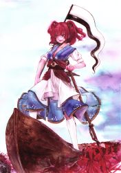 Rule 34 | 1girl, absurdres, boat, female focus, hair bobbles, hair ornament, highres, onozuka komachi, red eyes, red hair, scythe, short hair, solo, touhou, twintails, two side up, watercraft