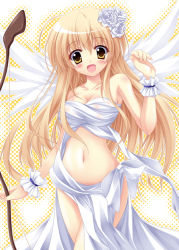 Rule 34 | 1girl, angel, angel wings, bad id, bad pixiv id, bare shoulders, blonde hair, blush, bow (weapon), collarbone, exe (artist), flower, hair flower, hair ornament, long hair, navel, open mouth, original, smile, solo, weapon, white wings, wings, wrist cuffs, xe (execut3r), yellow eyes